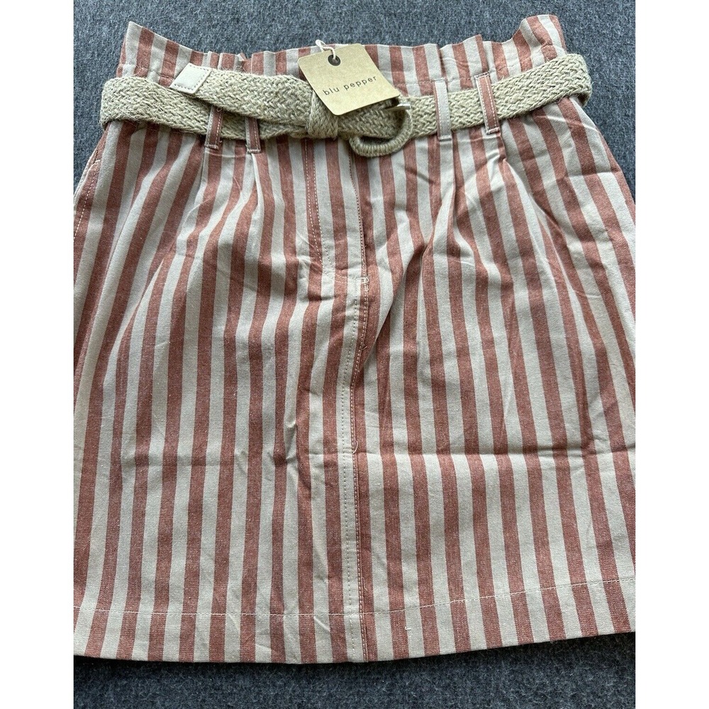 Blu Pepper Mini Skirt Women Small Rust Striped Belted Paperbag Waist New
